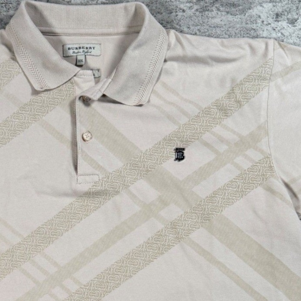 Burberry TB Monogram Diagonal Print Polo Shirt XXL Beige Cotton Designer Logo